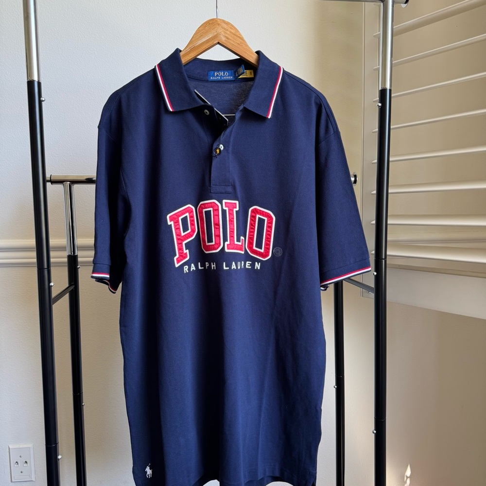 Polo Ralph Lauren Men's Logo Mesh Polo Shirt Short Sleeve Navy Blue Red Trim LT